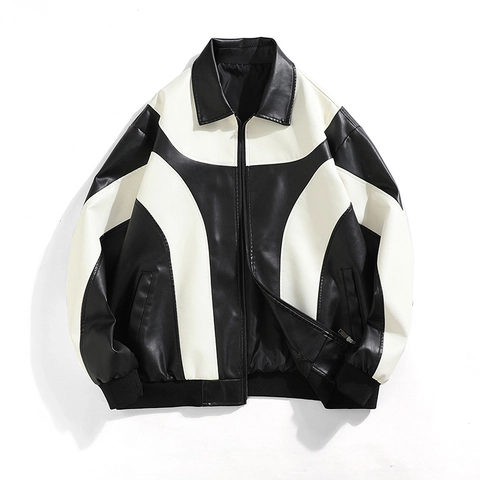 Heren Amerikaanse Retro Zwart-wit Patchwork PU-leren Jas Oversized Biker Racing Coat Unisex Streetwear Mode Bovenkleding