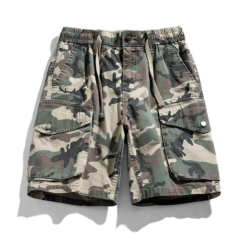 Men's Casual Camouflage Cargo Shorts Cotton Blend Multi Pocket Elastic Waist Drawstring Summer Outdoor Fashion Short Pants