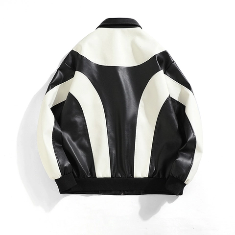 Heren Amerikaanse Retro Zwart-wit Patchwork PU-leren Jas Oversized Biker Racing Coat Unisex Streetwear Mode Bovenkleding