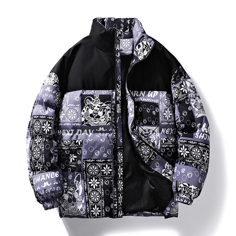 Men Puffer Jacket Polyester Padded Coat Stand Collar Streetwear Tiger Graffiti Patchwork Winter Outwear For Men Youth