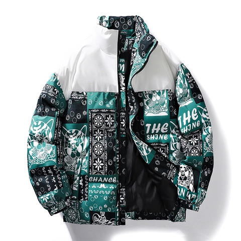 Men Puffer Jacket Polyester Padded Coat Stand Collar Streetwear Tiger Graffiti Patchwork Winter Outwear For Men Youth