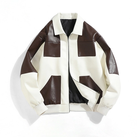 Herren Retro Color Block Kunstlederjacke Lässig Lockere Passform PU Leder Streetwear Bomberjacke Mit Revers Und Reißverschluss Herbst Stil