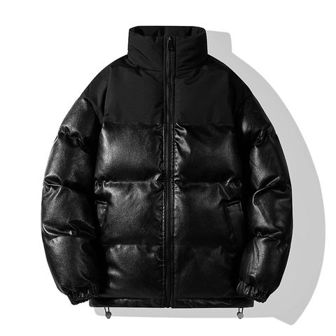 Herren Stehkragen PU Leder Pufferjacke Locker Vollreißverschluss Wattierter Mantel Winter Lässig Horizontal Gesteppt Dicke Jacke