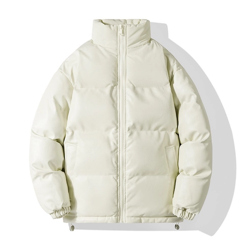 Herren Stehkragen PU Leder Pufferjacke Locker Vollreißverschluss Wattierter Mantel Winter Lässig Horizontal Gesteppt Dicke Jacke