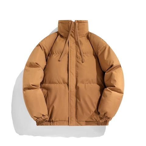 Men Minimalist Stand Collar Padded Jacket Polyester Warm Winter Quilted Coat Casual Loose Windproof Outerwear For Men Solid Color