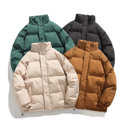 Veste Puffer Minimaliste pour Hommes Col Montant Hiver Style Coréen Ample Chaud Coupe-vent Rembourrée en Coton Couleur Unie