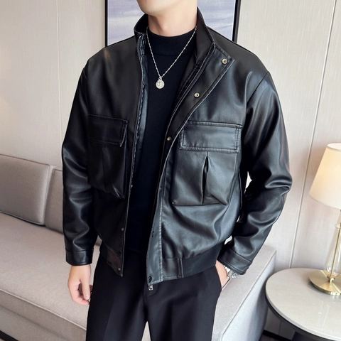 Men Stand Collar PU Leather Jacket Casual Slim Fit Solid Color Windproof Motorcycle Coat With Multi Pockets For Men