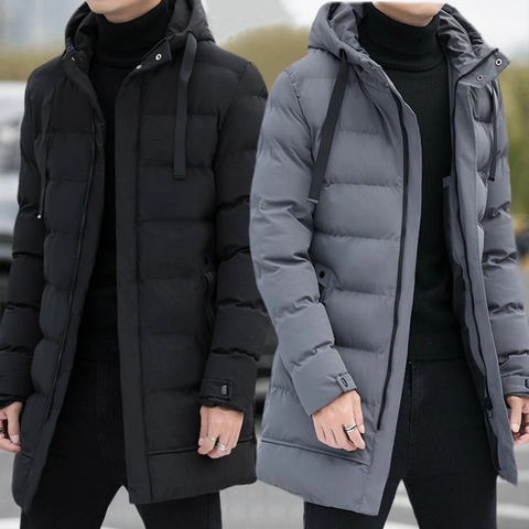 Men Mid-length Hooded Padded Jacket Polyester Warm Windproof Thickened Winter Casual Outdoor Solid Color Large Size Coat