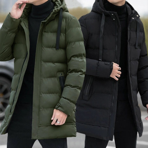 Men Mid-length Hooded Padded Jacket Polyester Warm Windproof Thickened Winter Casual Outdoor Solid Color Large Size Coat
