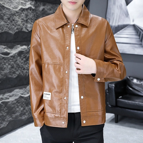 Chaqueta de Cuero de PU para Hombre Solapa Botonadura Sencilla Holgada Casual Cortavientos Abrigo Motero Forro Polar Otoño Invierno