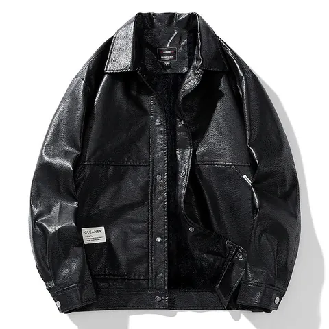 Men PU Leather Jacket Retro Lapel Button Down Faux Leather Coat Warm Fleece Lined Casual Motorcycle Outerwear For Winter Men