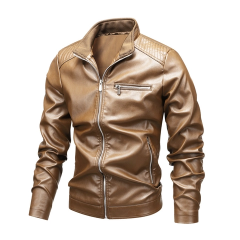 Chaqueta de Cuero PU de Motocicleta para Hombre Cuello Alto Hombros Acolchados Corte Ajustado Abrigo Casual de Cuero Sintético para Primavera Otoño