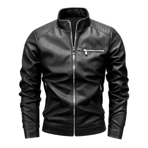 Chaqueta de Cuero PU de Motocicleta para Hombre Cuello Alto Hombros Acolchados Corte Ajustado Abrigo Casual de Cuero Sintético para Primavera Otoño