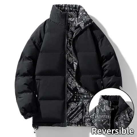 Men Reversible Stand Collar Padded Jacket Paisley Print Winter Warm Thickened Loose Fit Casual Unisex Cotton Coat Outwear