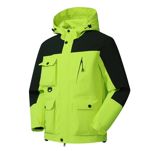 Waterproof Windproof Outdoor Hooded Jacket For Men Women Color Block Multi Pocket Hiking Climbing Sport Windbreaker Coat