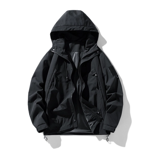 Men's Windproof Hooded Tech Jacket Polyester Outdoor Sporty Outerwear Casual Loose Fit Cargo Jacket For Spring Autumn