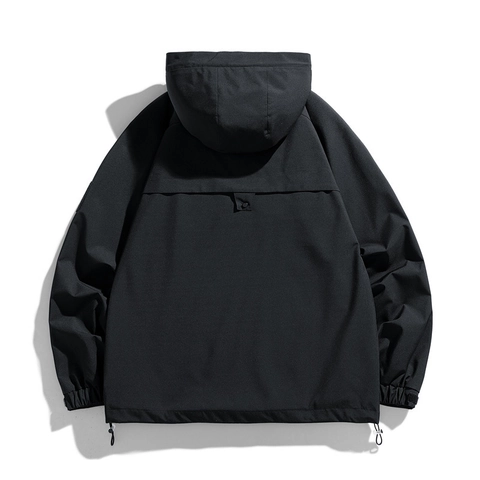 Men's Windproof Hooded Tech Jacket Polyester Outdoor Sporty Outerwear Casual Loose Fit Cargo Jacket For Spring Autumn