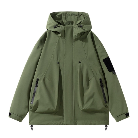 Giacca da Uomo con Cappuccio per Esterno Giacca a Vento in Stile Cargo Abbigliamento Esterno Antivento Resistente all Acqua