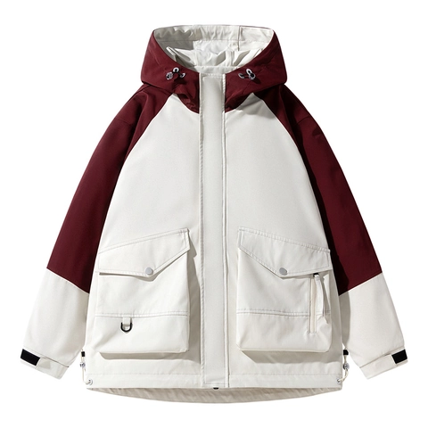 Men Mountain Outdoor Hooded Jacket Contrast Color Splicing Cargo Windbreaker Loose Casual Polyester Long Sleeve Coat For Teens