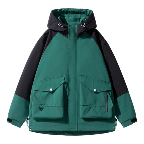 Men Mountain Outdoor Hooded Jacket Contrast Color Splicing Cargo Windbreaker Loose Casual Polyester Long Sleeve Coat For Teens