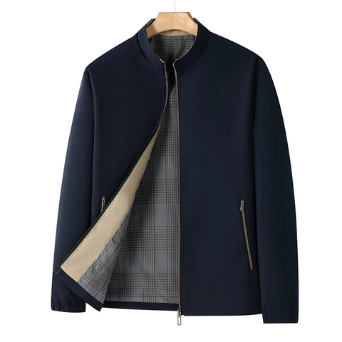 Chaqueta de Negocios Casual para Hombre Cuello Alto Cortavientos Ropa de Abrigo Poliéster Forro de Cuadros Cremallera Primavera Otoño