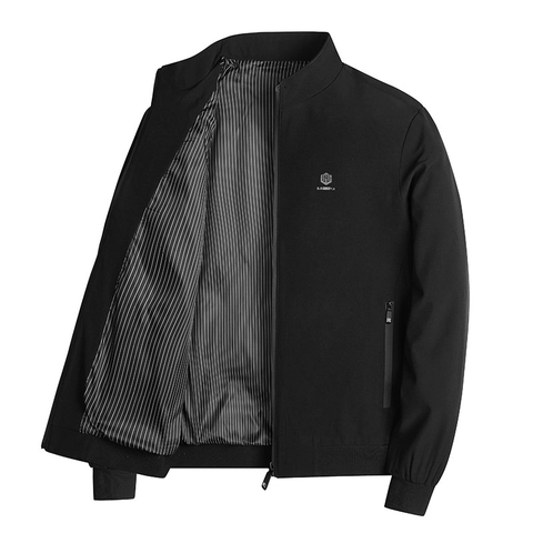 Men Stand Collar Jacket Casual Business Windbreaker Solid Color Bomber Jacket Ribbed Cuffs Polyester Outerwear Coat