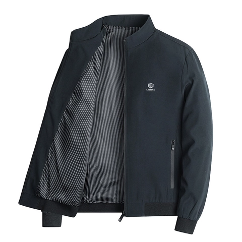Men Stand Collar Jacket Casual Business Windbreaker Solid Color Bomber Jacket Ribbed Cuffs Polyester Outerwear Coat