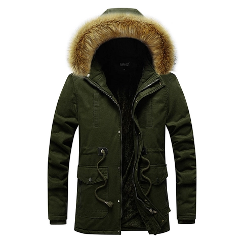 Cappotto Parka Invernale da Uomo Media Lunghezza Cotone Lavato Ispessito Giacca in Pile Con Cappuccio in Pelliccia Sintetica