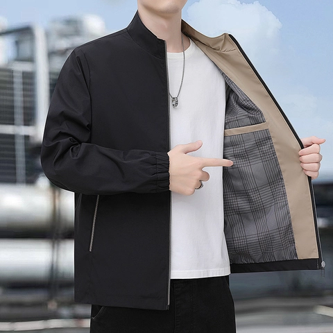 Men Classic Stand Collar Jacket Windproof Polyester Blend Outerwear With Plaid Lining Casual Business Top For Male