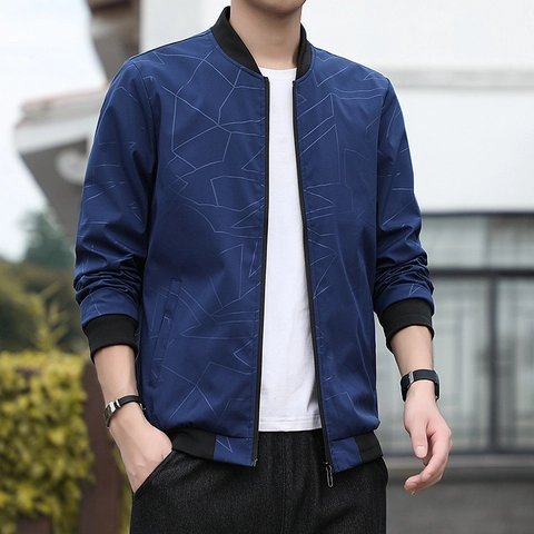 Chaqueta Bomber para Hombre Patrón Geométrico Poliéster Cuello Alto Puños de Canalé Cremallera Casual Cortavientos