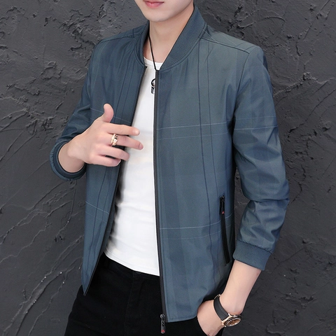 Heren Geblokte Bomberjack Opstaande Kraag Rits Winddicht Slim Fit Casual Polyester Jas Voor Herfst Lente Business Daily Outwear