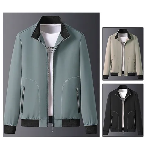 Men's Casual Jacket Stand Collar 100% Polyester Lightweight Windproof Business Casual Slim Fit Zipper Outerwear For Daily Work