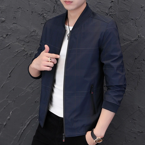 Heren Geblokte Bomberjack Opstaande Kraag Rits Winddicht Slim Fit Casual Polyester Jas Voor Herfst Lente Business Daily Outwear