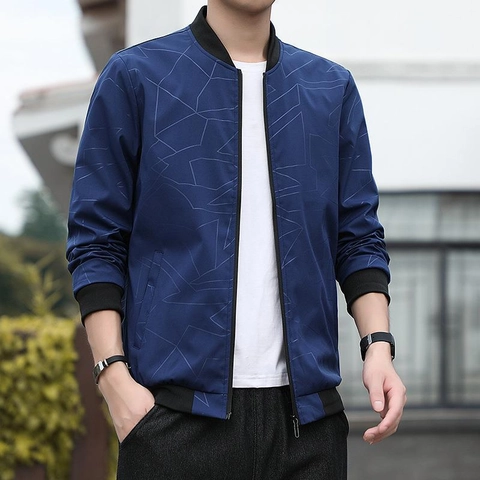 Veste Bomber Légère pour Homme Polyester Coupe-vent Manteau Motif Géométrique Col Montant Zippé Vêtements d'extérieur pour Automne Homme Casual