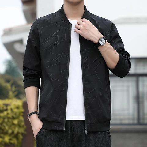 Veste Bomber Légère pour Homme Polyester Coupe-vent Manteau Motif Géométrique Col Montant Zippé Vêtements d'extérieur pour Automne Homme Casual