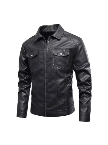 Men Fashion PU Leather Jacket Slim Fit Turn Down Collar Casual Motorcycle Biker Coat Zipper Solid Color Outerwear For Men