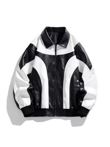 Blouson en Cuir Synthétique pour Hommes PU Color Block Coupe-vent Contrasté Zip Casual Streetwear Racing Moto Bomber pour Hommes