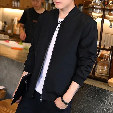 Men's Trendy Bomber Jacket Slim Fit Windproof Polyester Stand Collar Outerwear Long Sleeve Zip Up Coat Casual Autumn Winter