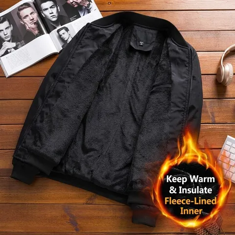 Men's Trendy Bomber Jacket Slim Fit Windproof Polyester Stand Collar Outerwear Long Sleeve Zip Up Coat Casual Autumn Winter