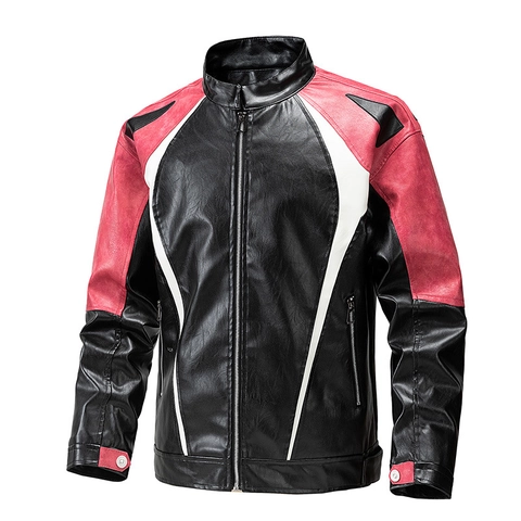 Heren Color Block PU Leren Jas Winddicht Opstaande Kraag Motorjas Streetwear Bovenkleding Mode Casual Bikerjas Heren
