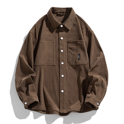 Herren Cord Langarmhemd Lässig Retro Lockere Passform Leinen Hemdjacke Mit Doppelten Taschen Warm Umlegekragen Tops