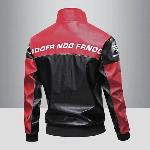 Giacca da Uomo in Ecopelle PU Retro Racing Collo in Piedi Zip Stampa Lettere Blocco di Colore Streetwear Americano Moto