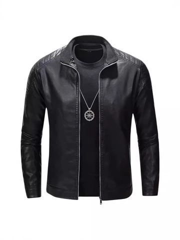 Men Stand Collar PU Leather Jacket Slim Fit Moto Bomber Coat Autumn Winter Solid Color Zipper Casual Fashion Outerwear