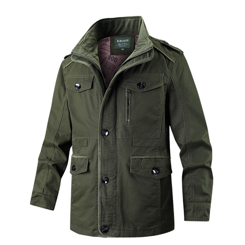 Heren Mid-Long Katoen Cargo Jas Met Multi-Pocket Opstaande Kraag Casual Windbreaker Plus Size Werkkleding Bovenkleding