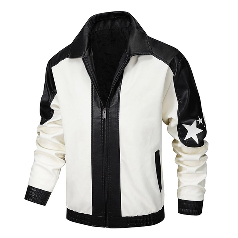Chaqueta de Cuero PU para Hombre Color de Contraste Streetwear Moto Biker Abrigo con Cremallera Parche de Estrella Chaqueta Cortavientos Otoño Invierno