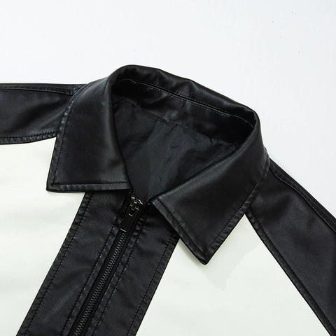 Chaqueta de Cuero PU para Hombre Color de Contraste Streetwear Moto Biker Abrigo con Cremallera Parche de Estrella Chaqueta Cortavientos Otoño Invierno