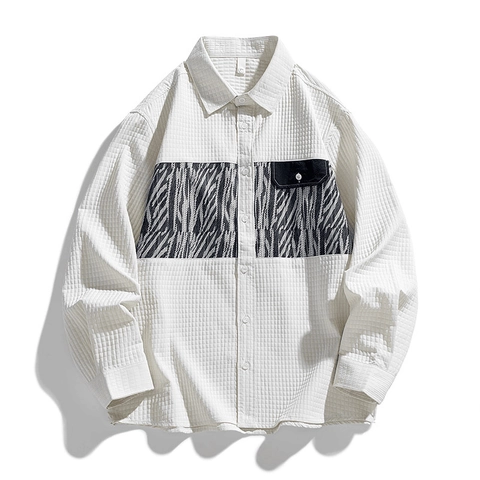 Herren Casual Hemd Langarm Waffelstruktur Patchwork Zebraprint Urban Streetwear Lockerer Knopf Polyester Top