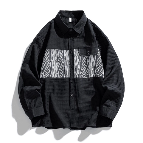 Herren Casual Hemd Langarm Waffelstruktur Patchwork Zebraprint Urban Streetwear Lockerer Knopf Polyester Top