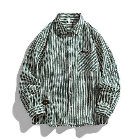 Herren Reine Baumwolle Fischgräten Gestreift Langarmhemd Retro Funktional Lockerer Schnitt Knopfleiste Lässiges Hemd Jacke