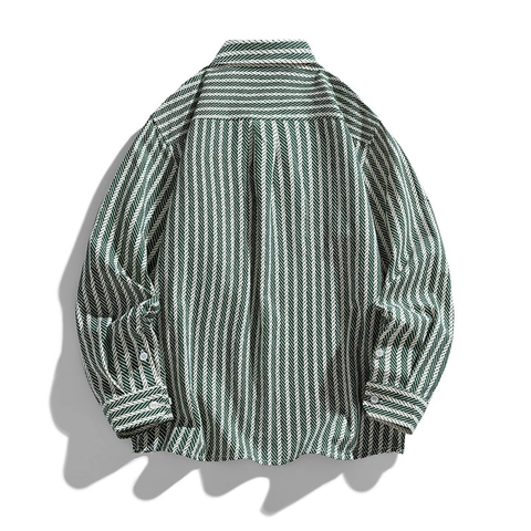 Herren Reine Baumwolle Fischgräten Gestreift Langarmhemd Retro Funktional Lockerer Schnitt Knopfleiste Lässiges Hemd Jacke